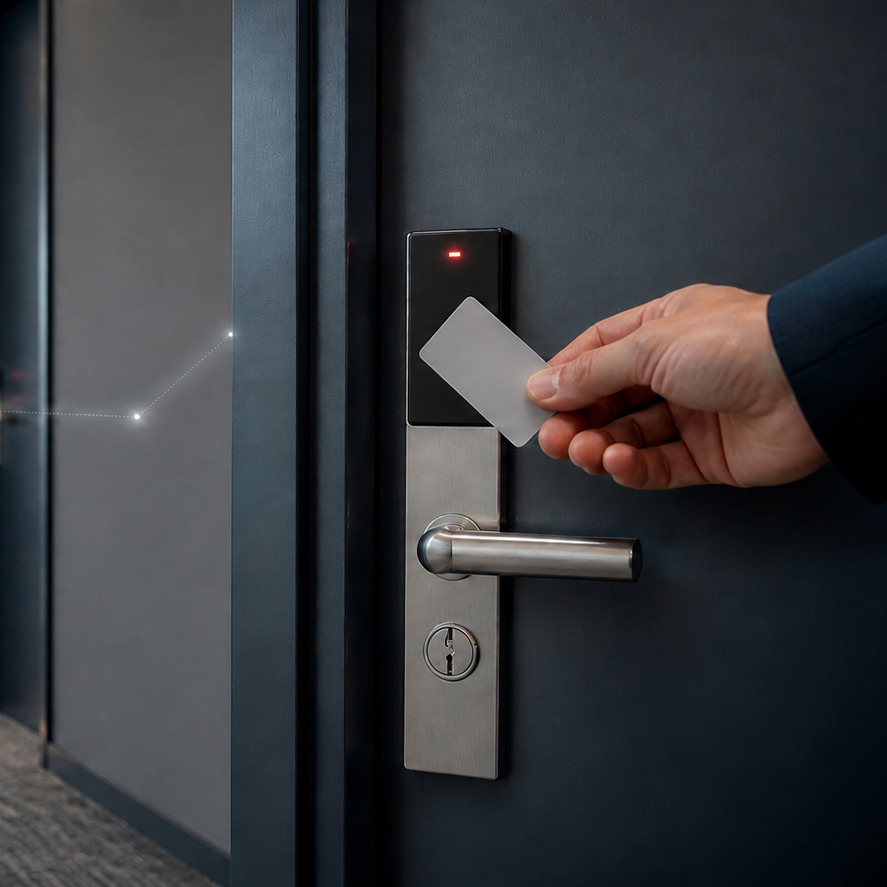 Hand hält eine Zutrittskarte an einen Leser neben der Türklinke